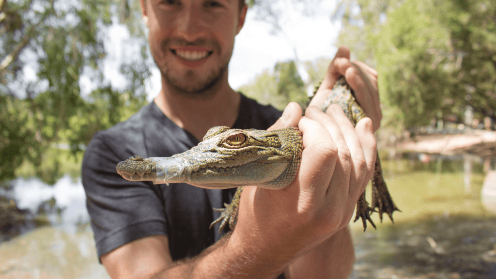 man holding alligator 