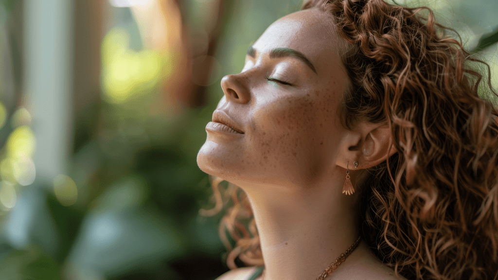 woman with her eyes closed and head up meditating