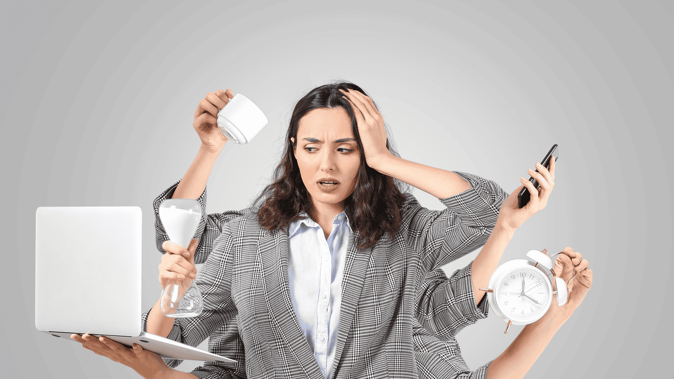 woman looking worried juggling several tasks