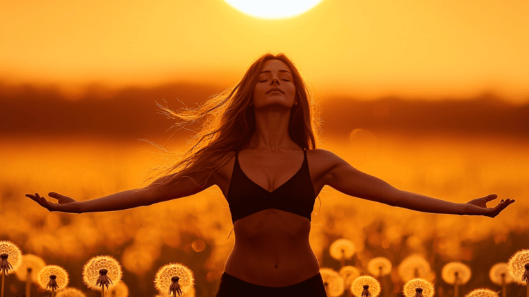 woman with open arms in flower field