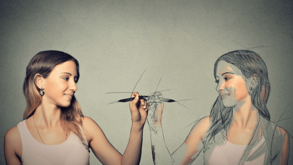 woman self reflecting by drawing herself