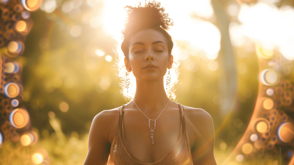 woman meditation with sun reflection around her